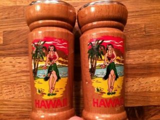 Vintage Hawaii Salt And Pepper Shakers 4 " High Wooden With Hula Dancer
