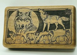 Ware Wolf Pak Mens Hand Carved Wooden Trinket Box Woodenware 7x4x1.  5 "
