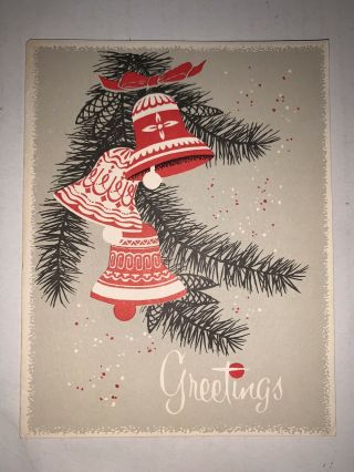 Vintage Christmas Greeting Card “ Greetings” Black White Red Bells Photo Holder