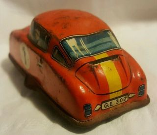 Vintage 1950 - 60s Technofix tin litho wind up red Race Car 1 no key West Germany 2
