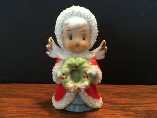 Vintage Christmas Girl Angel Figurine Red Coat Green Wreath Ceramic Japan