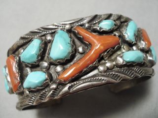 One Of The Best Vintage Zuni Coral Turquoise Sterling Silver Bracelet Old