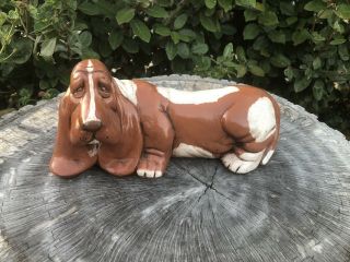 Brown And White Vintage Ceramic Basset Hound Dog Figurine