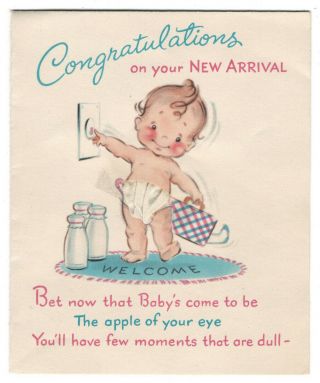 Vintage 50s Baby Announcement Greeting Card Bottles Real Diaper Norcross