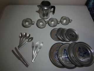 Antique 22 Piece Little Bo Peep Sheep Aluminum Tin Tea Set Pitcher Vintage Spoon