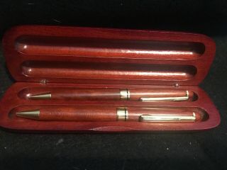 Vintage Solid Wood With Brass Pen And Pencil Set In Case