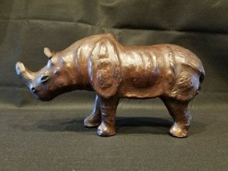 Vintage Brown Leather Wrapped Rhinoceros - Animal Figure Statue,  Glass Eyes