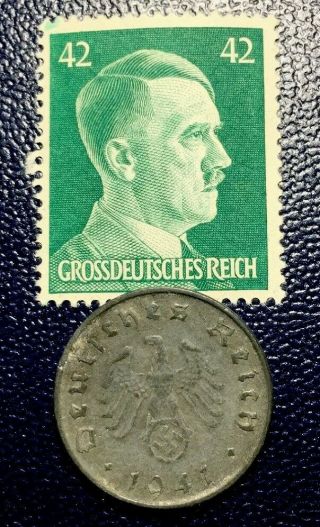 Wwii Nazi Germany Third Reich Hitler Stamp & 1941 10 Pf Coin Mnh