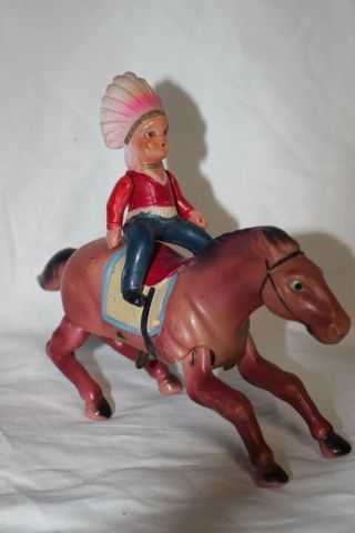Antique Occupied Japan Celluloid Wind Up Toy Indian In Galloping Horse No Res.