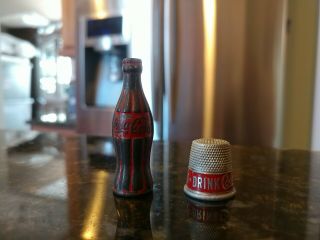Vintage Coke Bottle Shaped Pencil Sharpener & Thimble Metal
