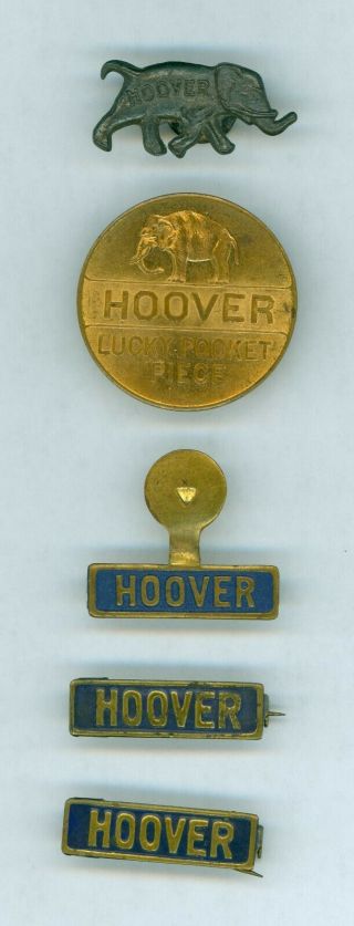 2 Vtg 1928 President Herbert Hoover Campaign Pinbacks 2 Tabs 1 Coin 1 Lapel Stud