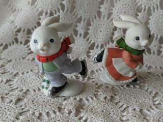 Vintage Homco Christmas Winter Figurines Bunny Rabbit Boy And Girl Ice Skating