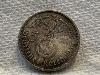 1939germany 5 Mark Swastika Reichsmark Coin