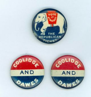3 Vtg 1924 President Calvin Coolidge Campaign Pinback Buttons Vote It Straight