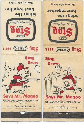 2 Stag Mr.  Magoo Beer Matchbooks - Belleville,  Il - Carling Brewing Co.  - 1950 