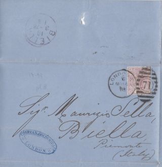 1878 Qv London Coxhead Goldsmid Cover With A 2½d Stamp Plate 8 Sent To Italy