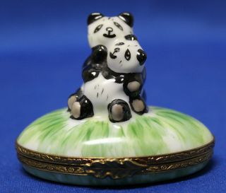 Peint Main Hand Painted Pandas Limoges Trinket Box Gm