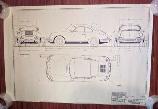 Porsche Coupe Type 356 C Blueprint 36 " X 24 "