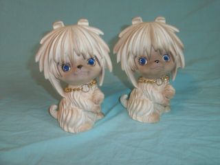 2 Vintage Twin Ceramic " Mod " Dog Figurines With Blue Rhinestone Eyes A855 Japan