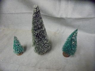 Christmas Trees,  3 Bottle Brush,  Snow,  Gold Wood Base,  5.  25 " - 2.  5 " Tall Retro