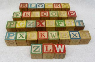 32 Vintage Wood Letter Blocks Wooden Toy Abc Alphabet Pictures Numbers