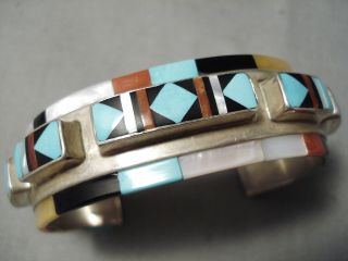One Of The Best Vintage Zuni Turquoise Side Inlay Sterling Silver Bracelet