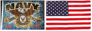 Us Navy Defending Freedom And Usa American Polyester 3x5 Flag Set Banner Pennant