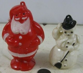2 Vintage Hard Plastic Christmas Santa Claus Snowman Ornament 4” Tall