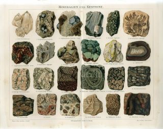 1887 Minerals Precious Stones Rocks Crystal Antique Chromolithograph Print