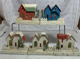 Set Of 5 1950’s Vintage Christmas Holiday Cardboard Village Houses Ornaments