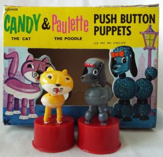 Kohner Push Button Puppets Candy The Cat & Paulette The Poodle 1960s