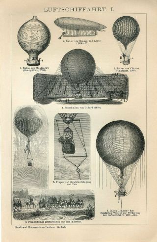 1895 Old Airships Flying Machines Antique Engraving Print