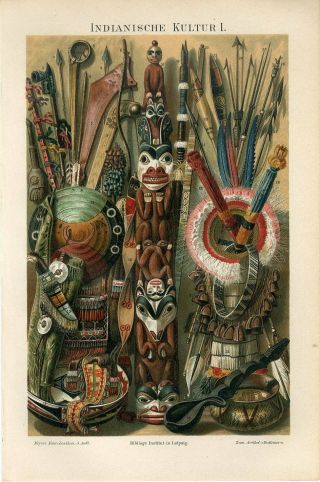 1895 Native American Indians Weapons Tomahawk Scalping Knife Totem Sioux Print