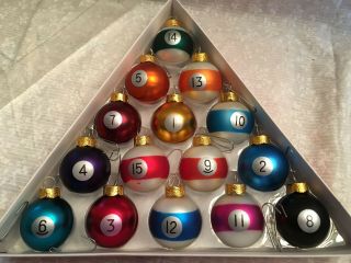 ornament set of 15 pool balls billiards.  Hangers.  1 1/2 inches. 2