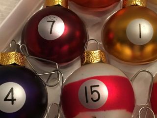 ornament set of 15 pool balls billiards.  Hangers.  1 1/2 inches. 3