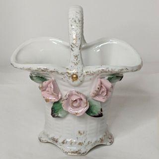 Vintage 4 " Porcelain Basket Vase Pink Roses Gold Gilding 1940 Vanity Trinket Box