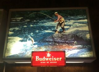 Pair (2) Vintage 50 ' s Budweiser Lighted Beer Signs Fishing. 3