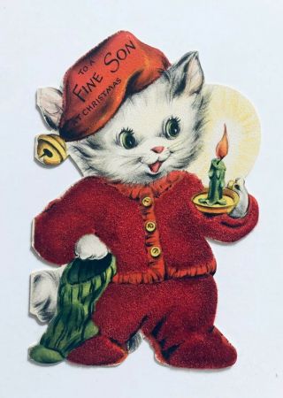 Vintage Hallmark Christmas Card Die Cut Kitty Cat Flocked Pajamas Candle Bell