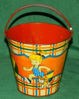 Vintage Ohio Art Tin Litho Sand Pail Children Playing Approx.  5 " Tall,  5 1/2 " W
