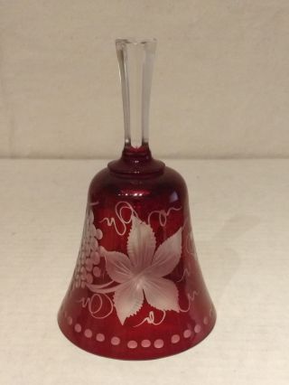 Bohemian Czech Art Glass Ruby Cut To Clear Moser Grapes Foliage Bead Dinner Bell