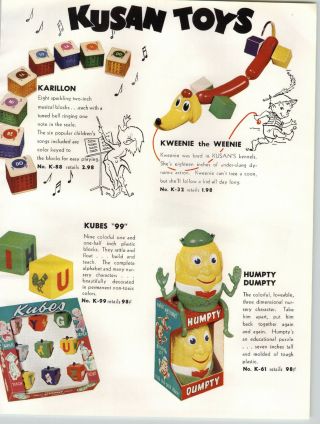 1954 Paper Ad 6 Pg Kusan Toys Humpty Dump Truck Dolls Kazooka Toy Gun