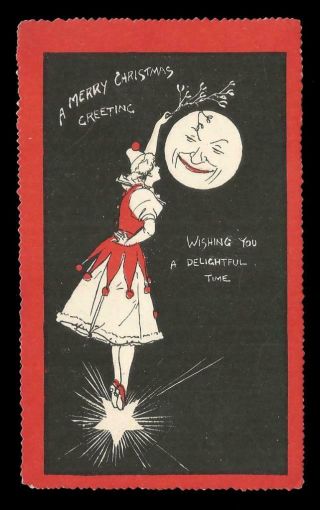 C11 - Lady Clown Holds Mistletoe Over The Moon - Victorian Tuck Xmas Card