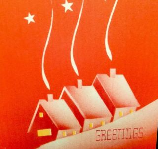 Vintage Early Mid Century Christmas Card Art Deco Homes Stars Red