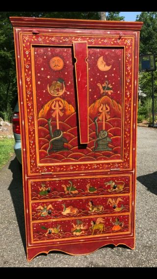 Vintage Armoire Wardrobe Chest Desk Cabinet Indian Hand Painted Hindu Folk Wood