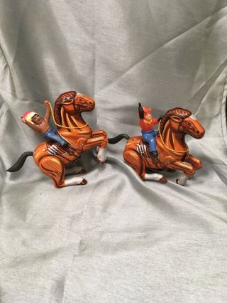 Vintage Mechanical Tin Indian And Cowboy On A Horse Wind Up Toy Set