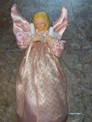 Vintage Pink Angel Christmas Tree Topper Retro Lights Porcelin Face Hands