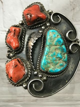 Vtg Huge Old Pawn Navajo Sterling Silver Turquoise Red Coral Cuff Bracelet 140g