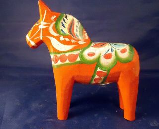 Swedish Dala Horse Nils Olsson 4” Carved Wood Horse Orange Vintage W/sticker - O5