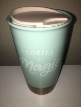 Starbucks Ceramic Coffee Is Magic Wall Insulated Travel Mug Cup 12 Oz Blue