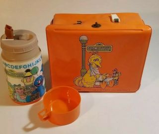 Vintage Sesame Street Lunch Box 1979 Orange Big Bird Plastic W/thermos